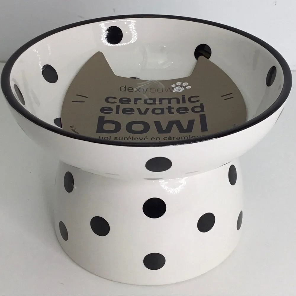 Elevated Cat Dish White & Black Ceramic Cat Bowl Raised With Dots New